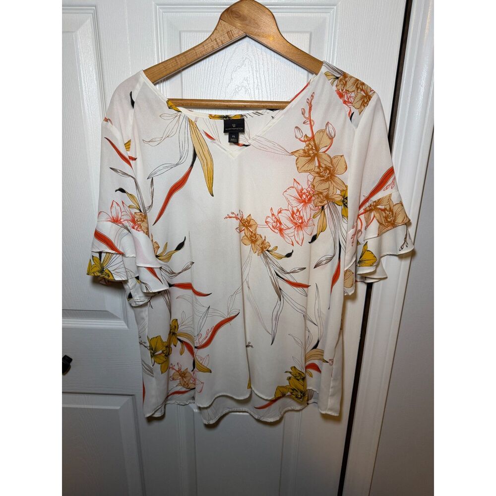 Worthington XL Floral Flutter Sleeve Blouse Ivory V Neck Women's Top - Picture 2 of 4